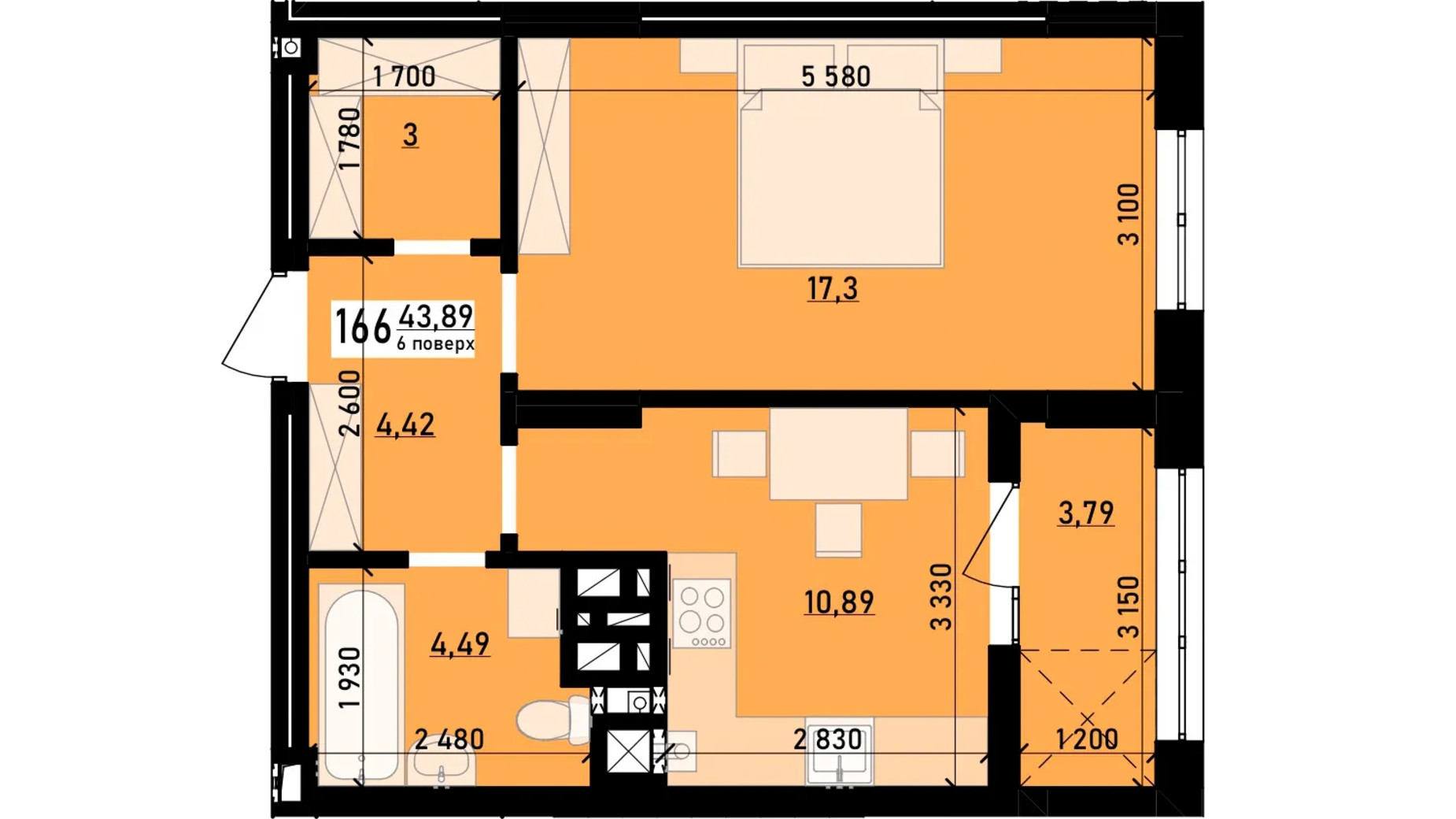 Планировка 1-комнатной квартиры в ЖК Весняний 43.89 м², фото 726961