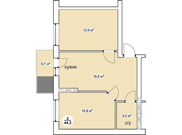 ЖК Дания: планировка 2-комнатной квартиры 44.3 м²