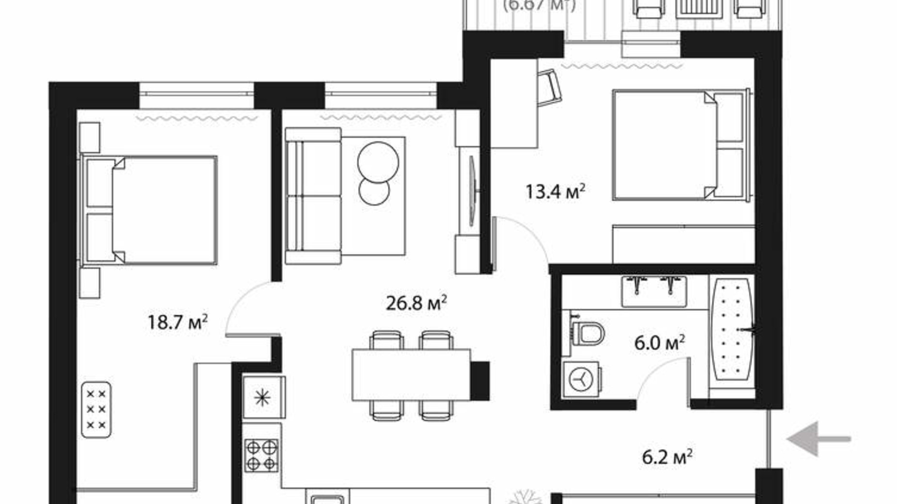 Планування 2-кімнатної квартири в ЖК Sky Towers 73.1 м², фото 728461