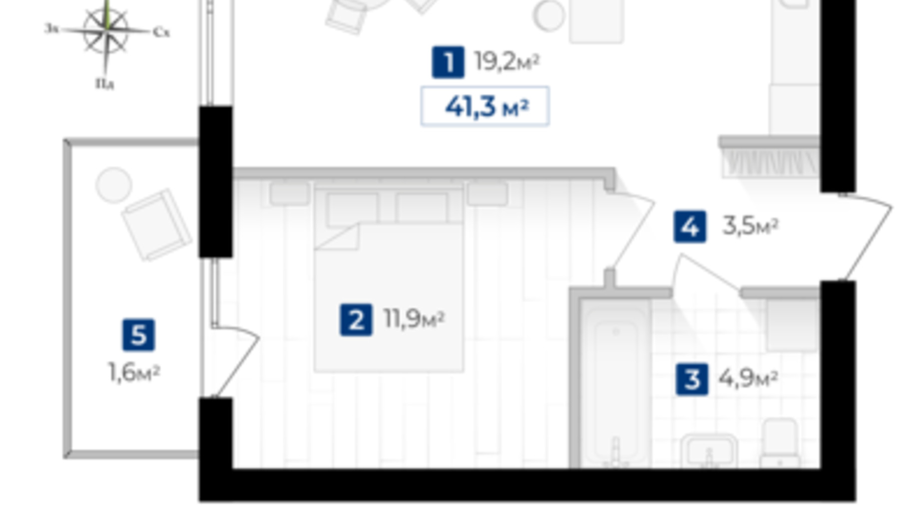 Планировка 1-комнатной квартиры в ЖК Городок Южный 41.3 м², фото 728495