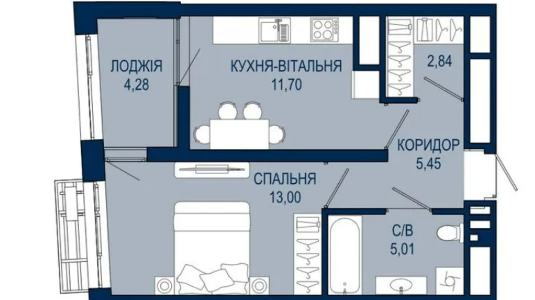 Планування 1-кімнатної квартири в ЖК Helga 42.28 м², фото 729488