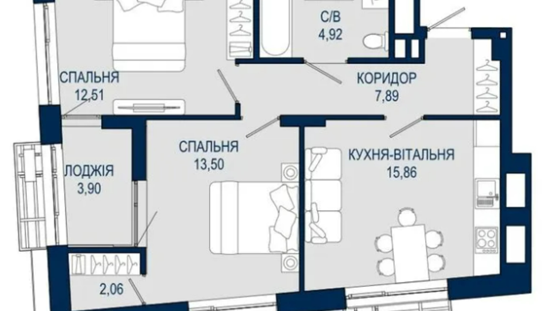 Планировка 2-комнатной квартиры в ЖК Helga 60.64 м², фото 729490