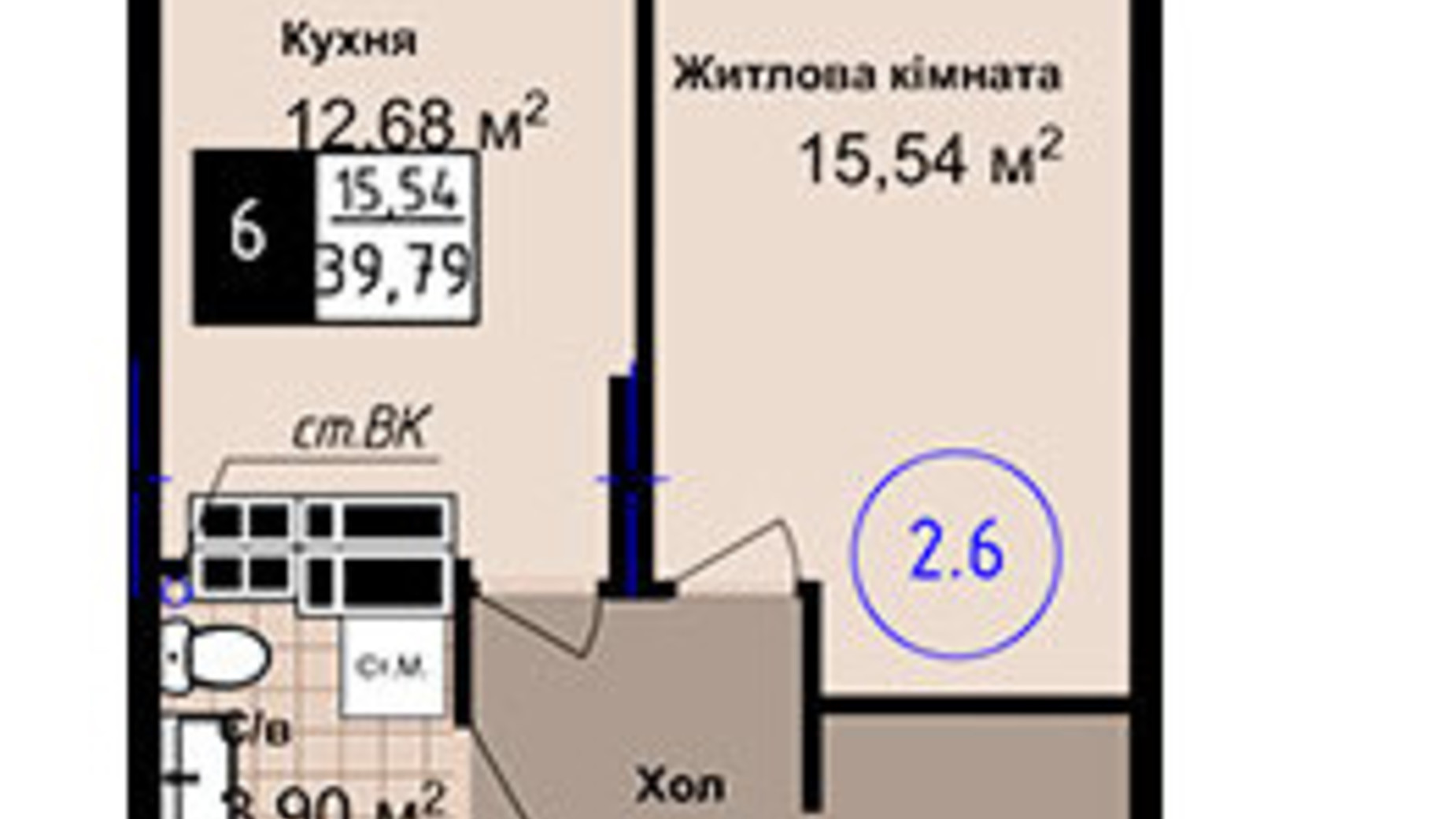 Планування 1-кімнатної квартири в ЖК Sea Town 39.79 м², фото 729805