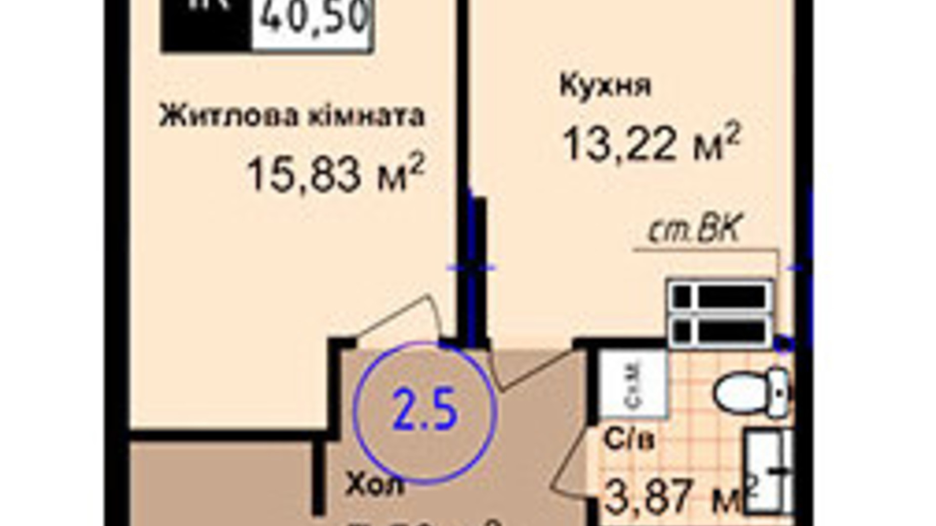 Планування 1-кімнатної квартири в ЖК Sea Town 40.5 м², фото 729809