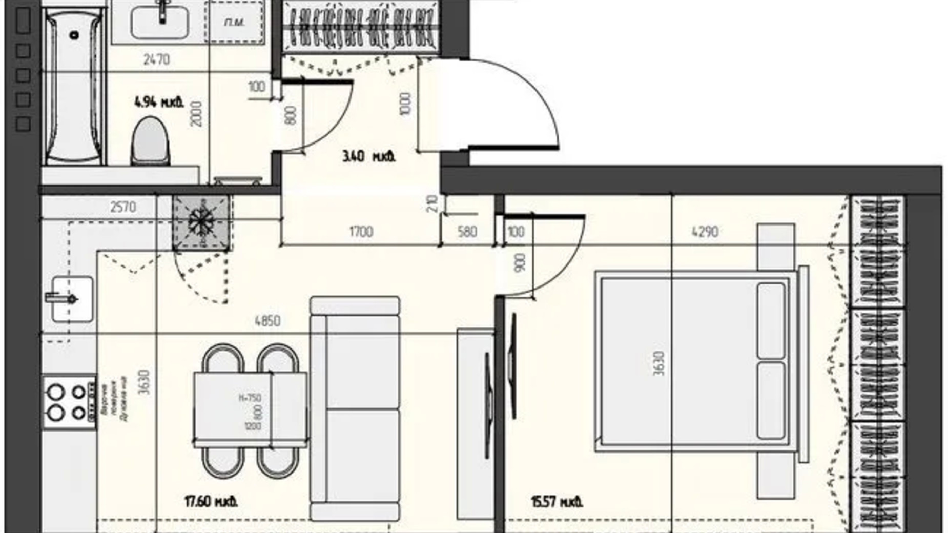 Планування 1-кімнатної квартири в ЖК Arena Hills 41.51 м², фото 729837