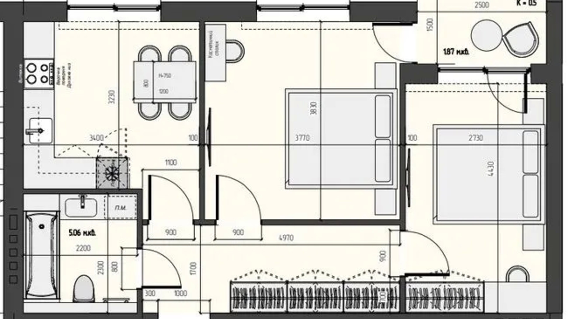 Планування 1-кімнатної квартири в ЖК Arena Hills 53.55 м², фото 729838