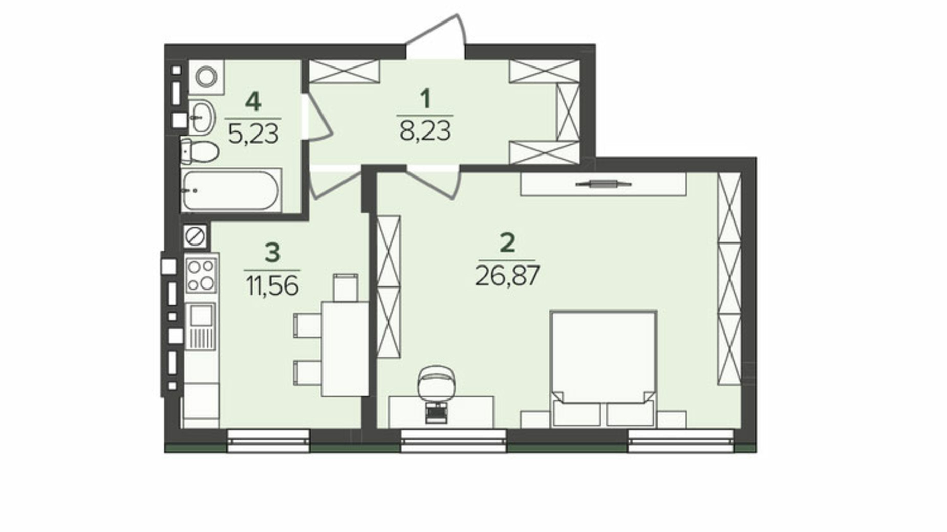 Планировка 1-комнатной квартиры в ЖК Южный Deluxe 51.89 м², фото 730879