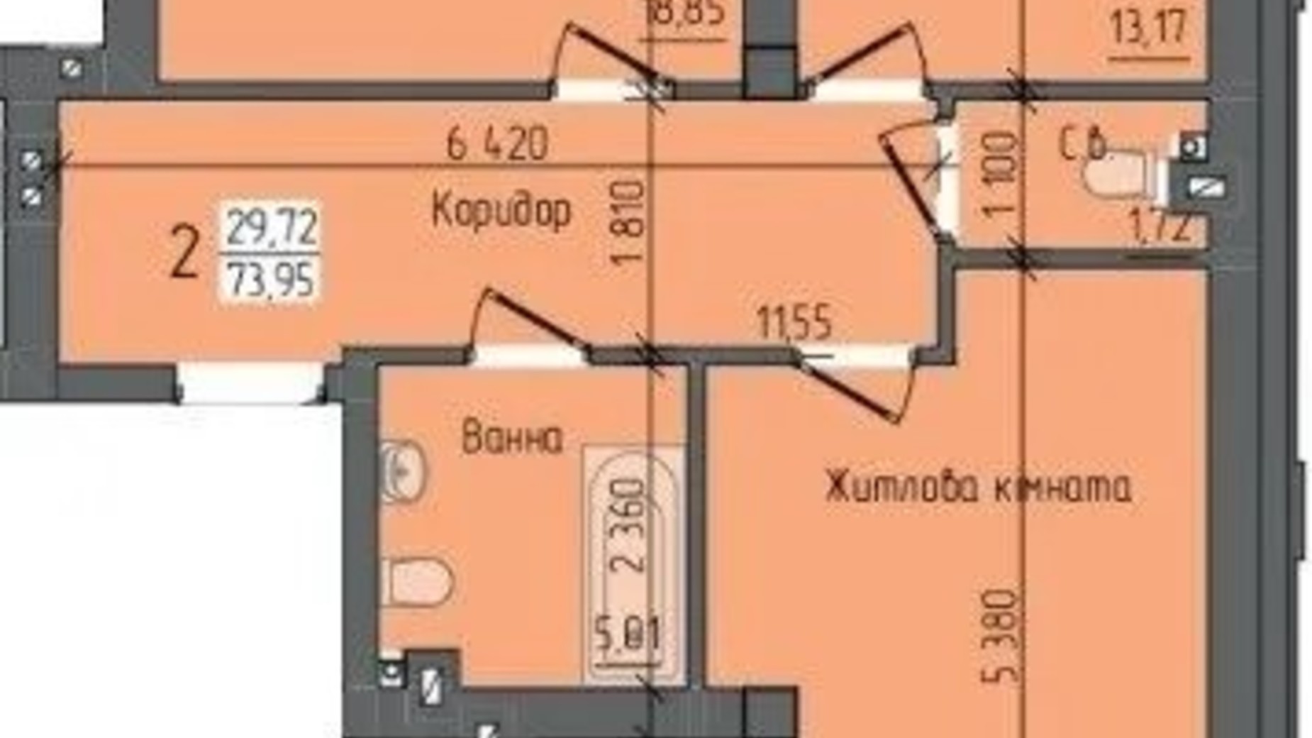 Планировка 2-комнатной квартиры в Клубный дом Sapfir 73.95 м², фото 731364