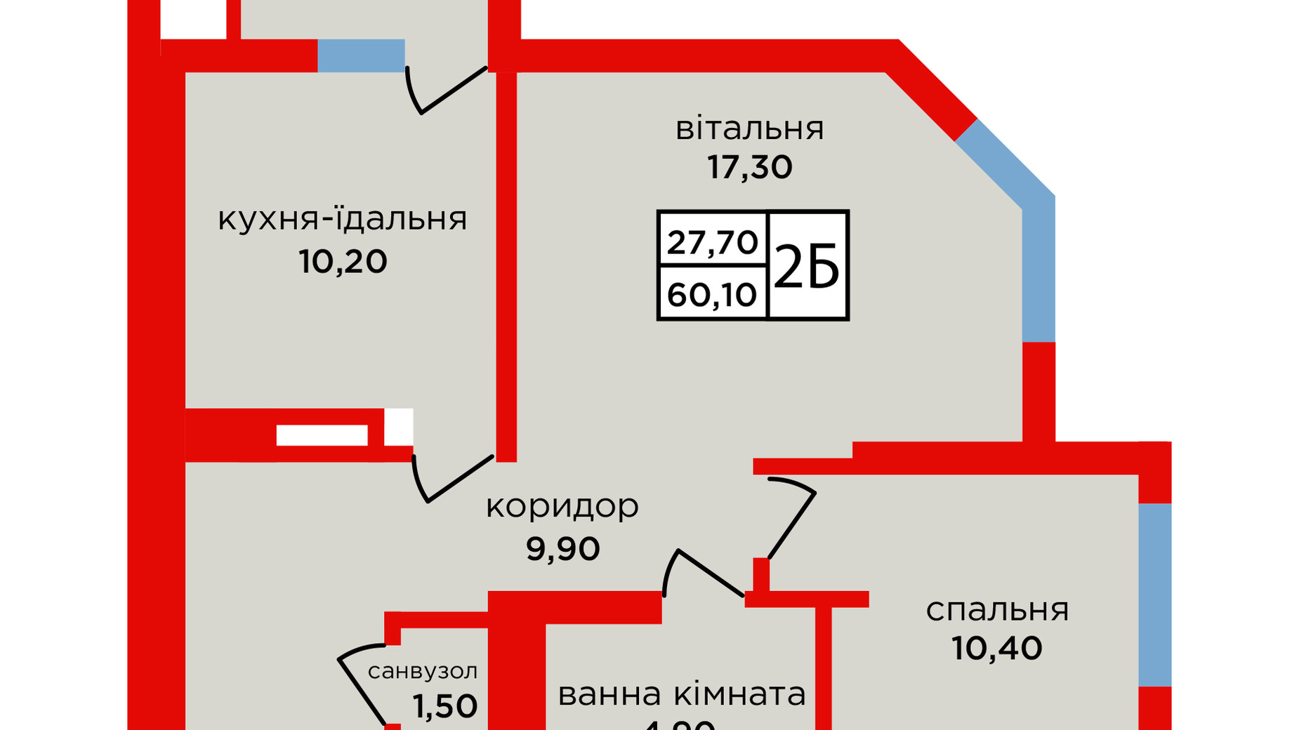 Планировка 2-комнатной квартиры в ЖК Варшавский микрорайон, 8 очередь 60.1 м², фото 732032