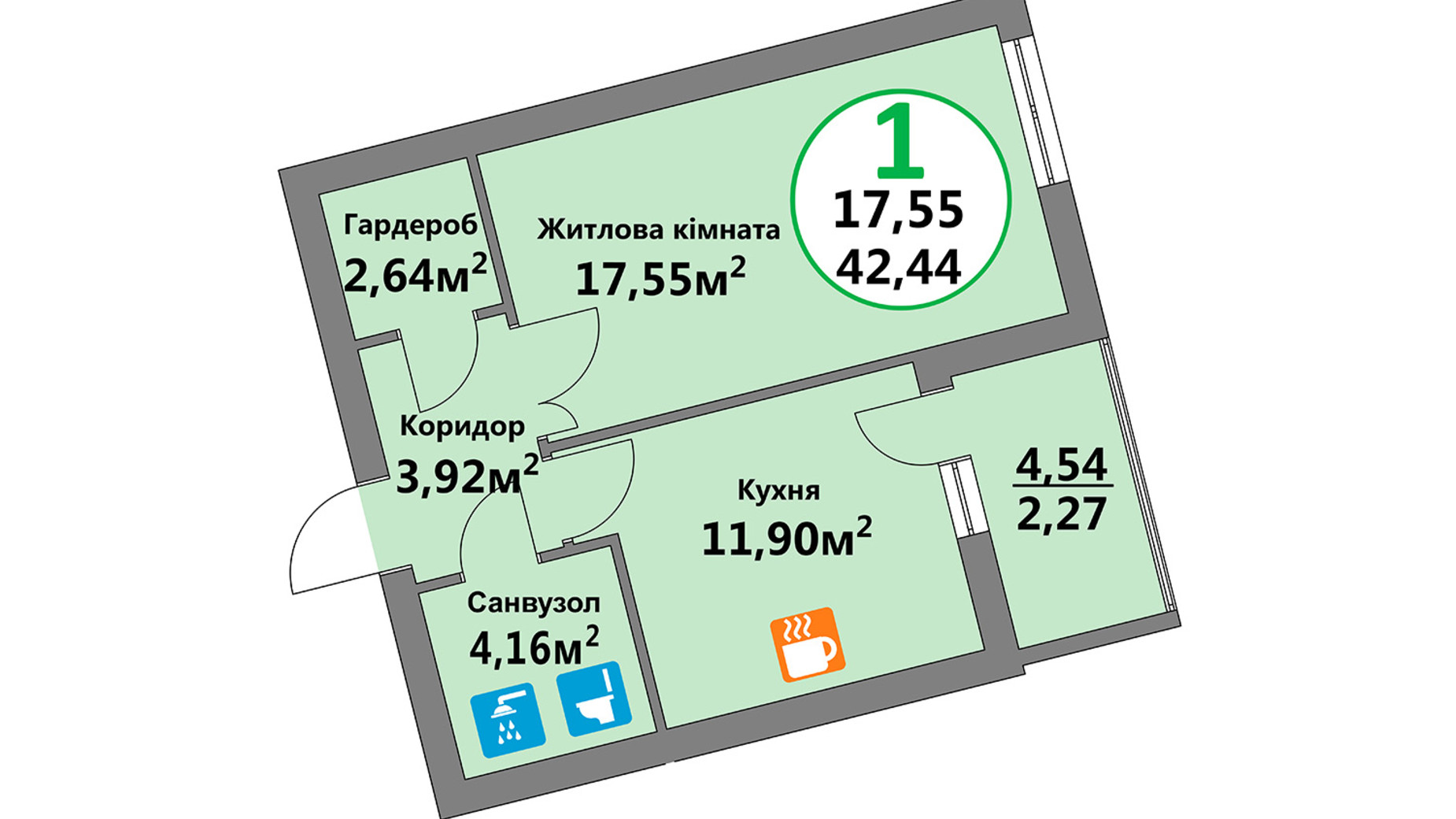 Планування 1-кімнатної квартири в ЖК Еко-Дім на Козельницькій 42.44 м², фото 732854