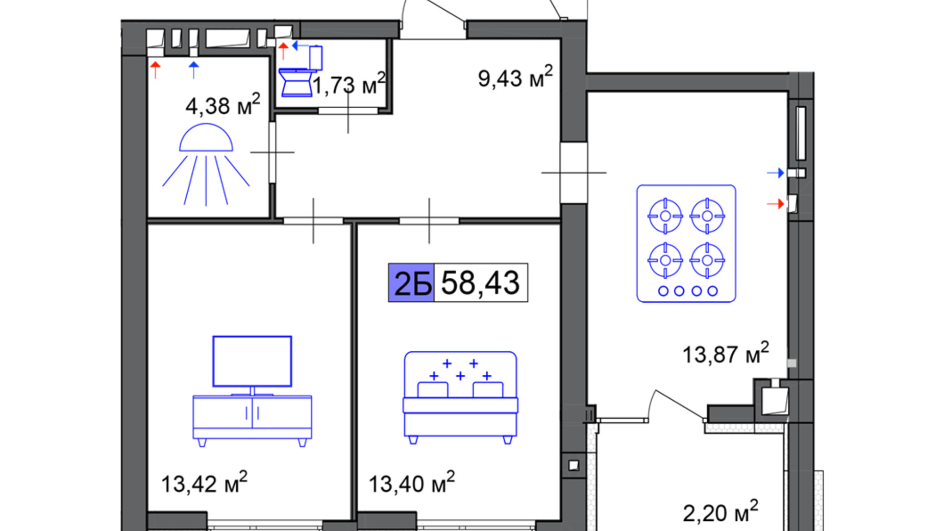 Планування 2-кімнатної квартири в ЖК Пастерівський 58.43 м², фото 733024