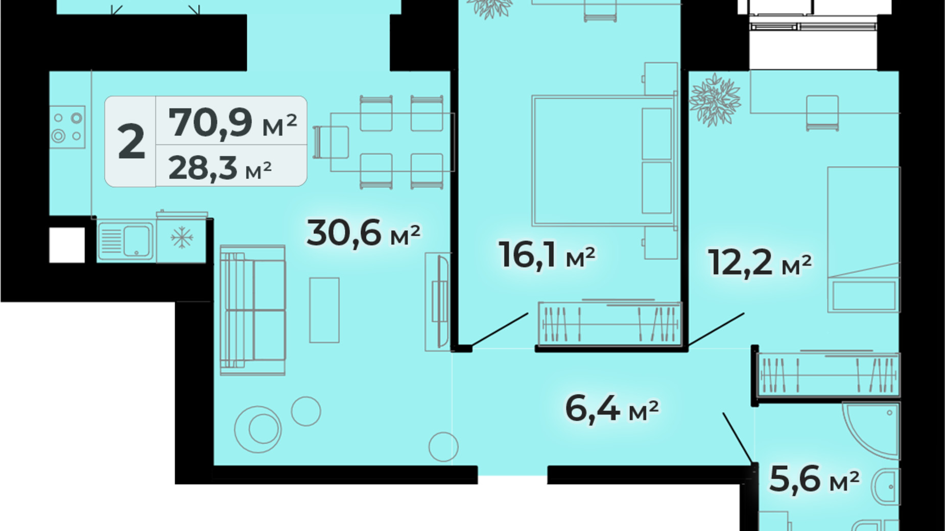 Планування 2-кімнатної квартири в ЖК Комфорт Парк 70.9 м², фото 733331