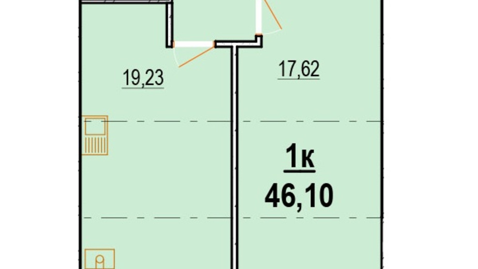 Планування 1-кімнатної квартири в ЖК Староміський 46.1 м², фото 734340