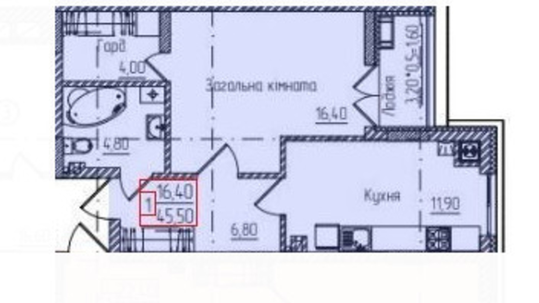 Планування 1-кімнатної квартири в ЖК Senator 45.5 м², фото 734843