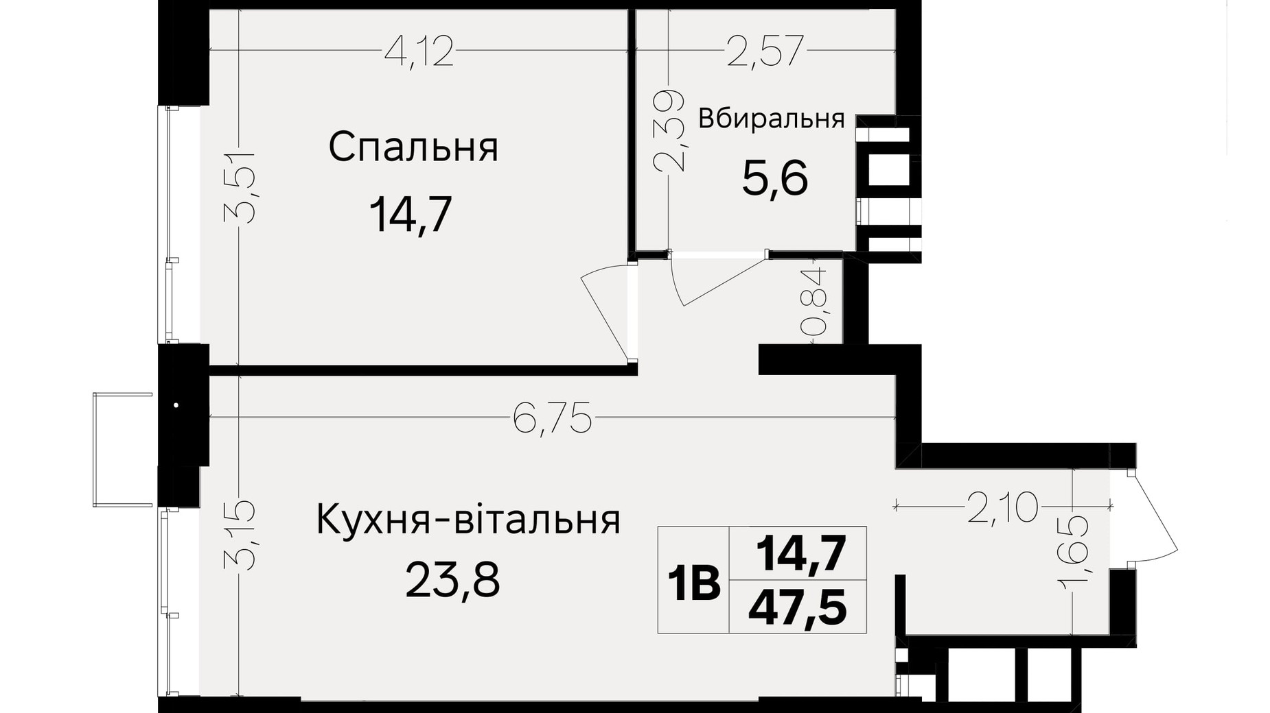 Планування 1-кімнатної квартири в ЖК Central Park Vinnytsia 47.1 м², фото 735347