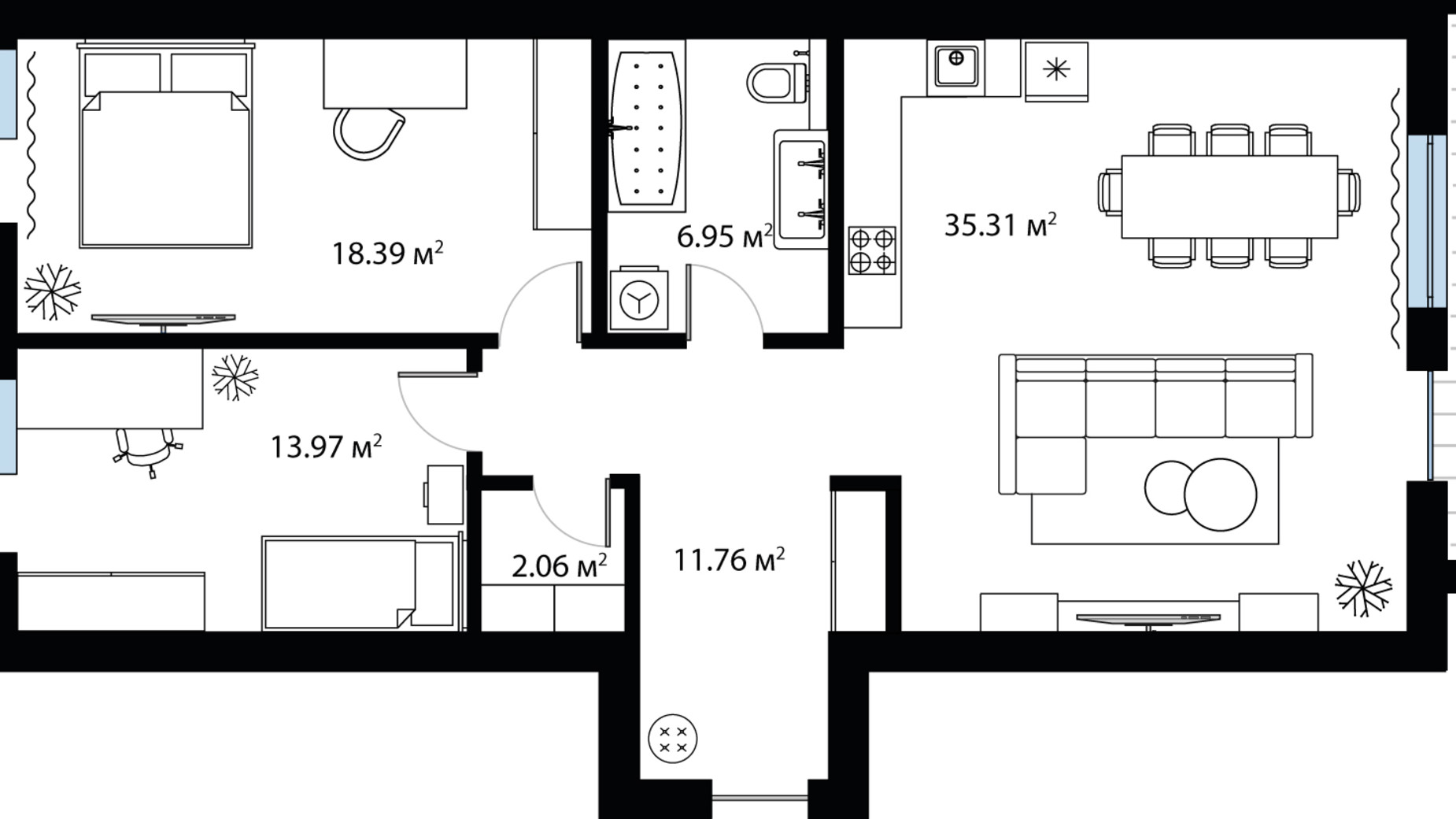 Планировка 3-комнатной квартиры в ЖК Sky City 95.26 м², фото 735661