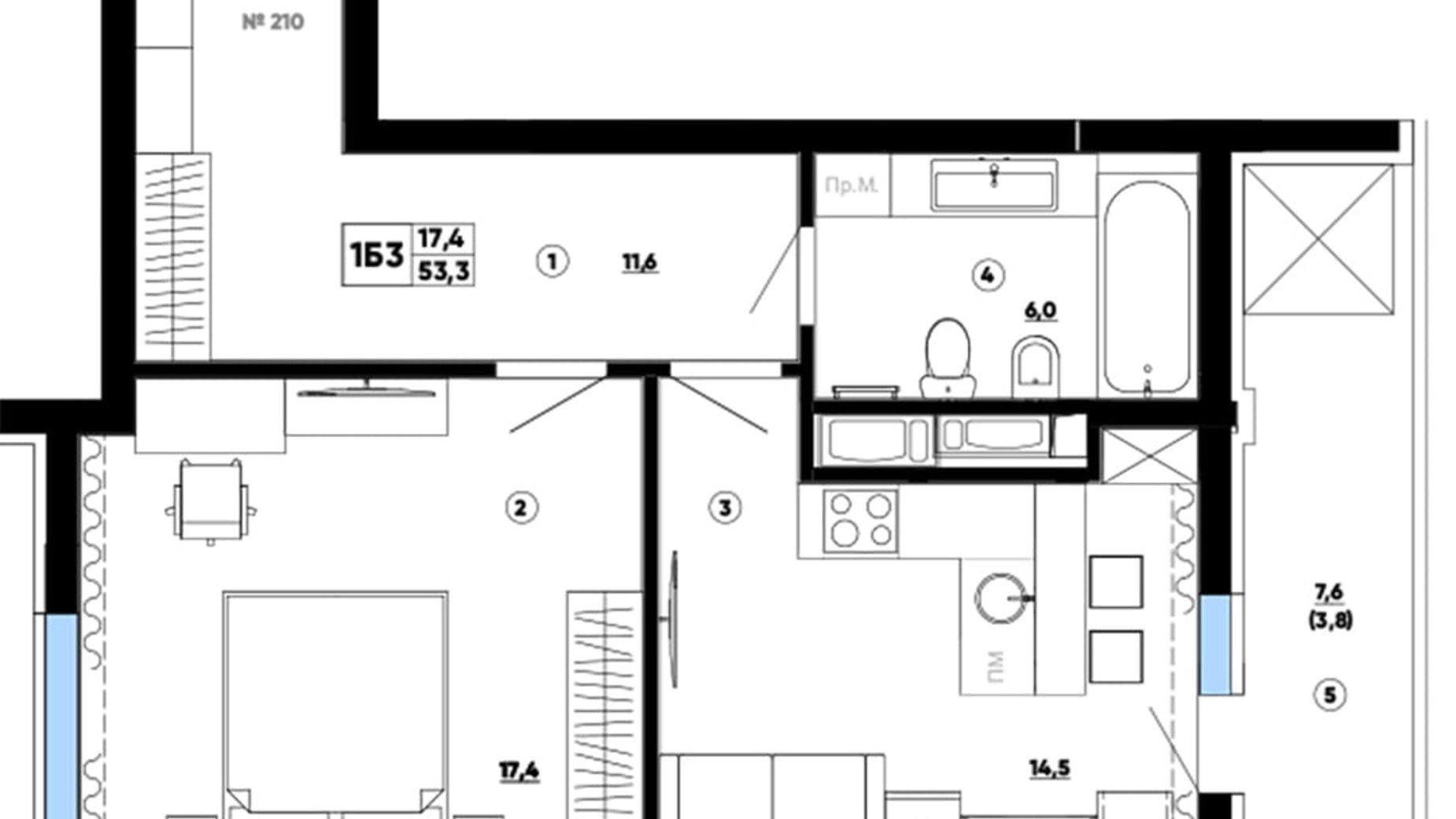 Планировка 1-комнатной квартиры в ЖК Paradise Avenue 53.3 м², фото 735665