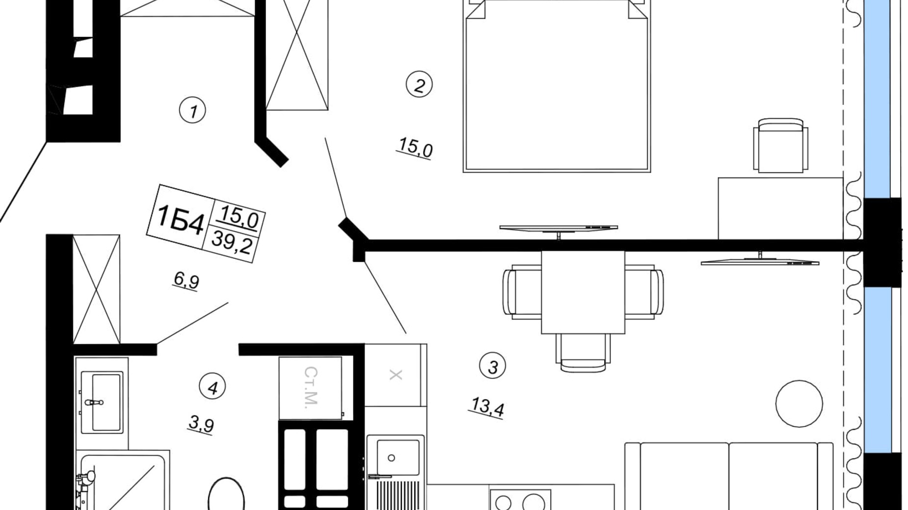 Планировка 1-комнатной квартиры в ЖК Paradise Avenue 39.2 м², фото 735862