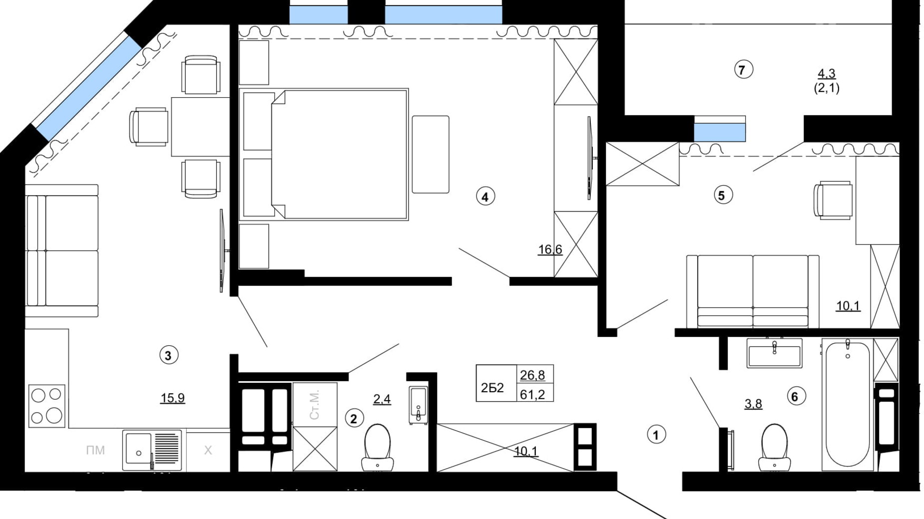 Планування 2-кімнатної квартири в ЖК Paradise Avenue 61.2 м², фото 735865