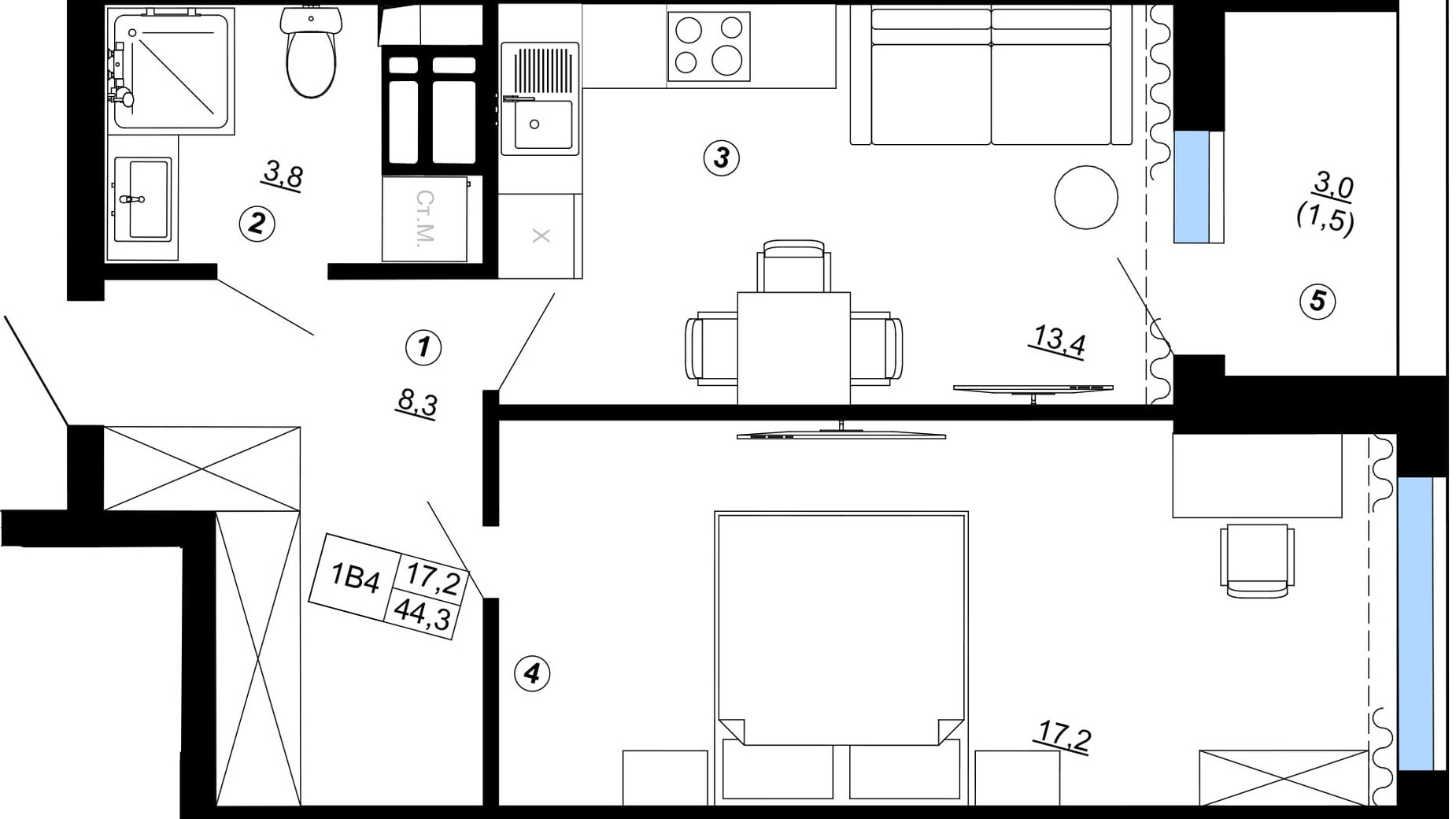 Планировка 1-комнатной квартиры в ЖК Paradise Avenue 44.3 м², фото 735867