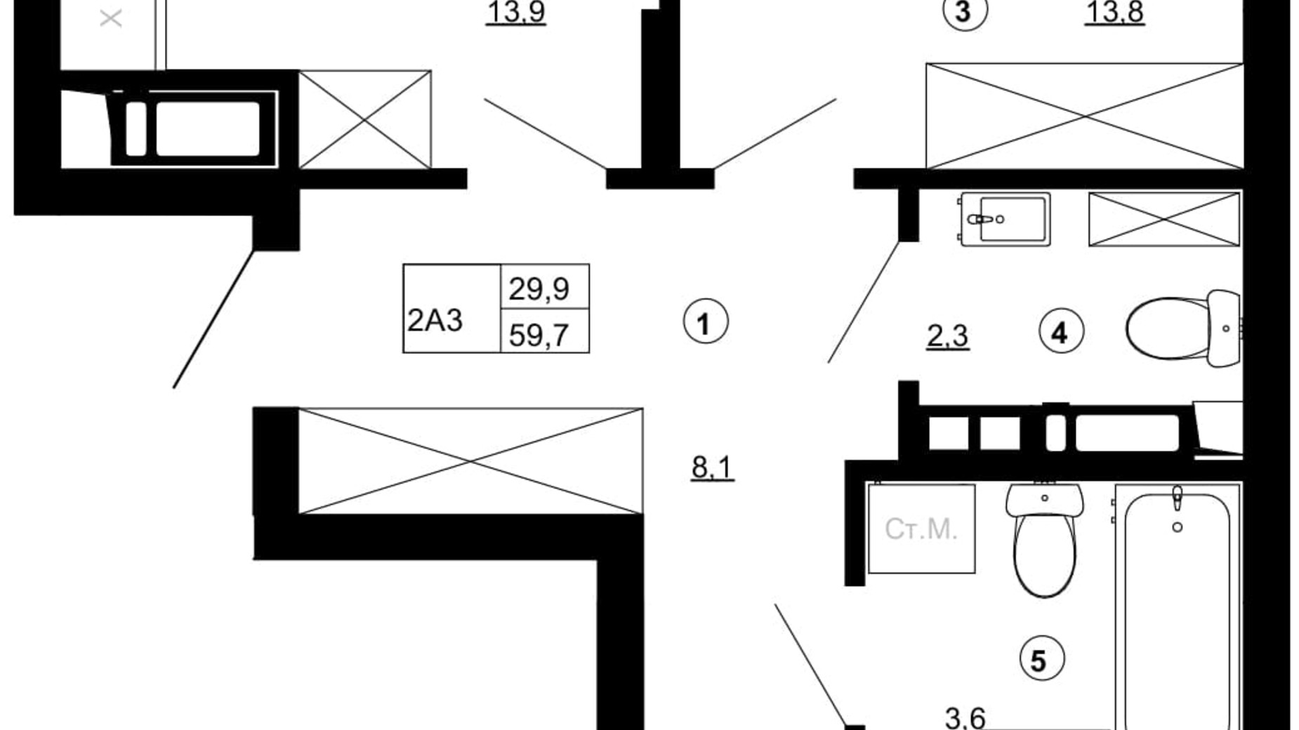 Планування 2-кімнатної квартири в ЖК Paradise Avenue 59.7 м², фото 735871