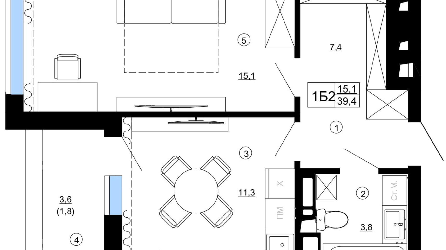 Планування 1-кімнатної квартири в ЖК Paradise Avenue 39.47 м², фото 735887