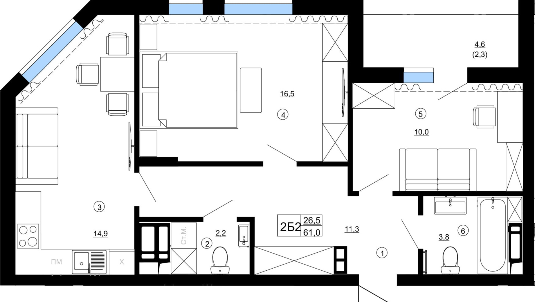 Планування 2-кімнатної квартири в ЖК Paradise Avenue 60.9 м², фото 735903