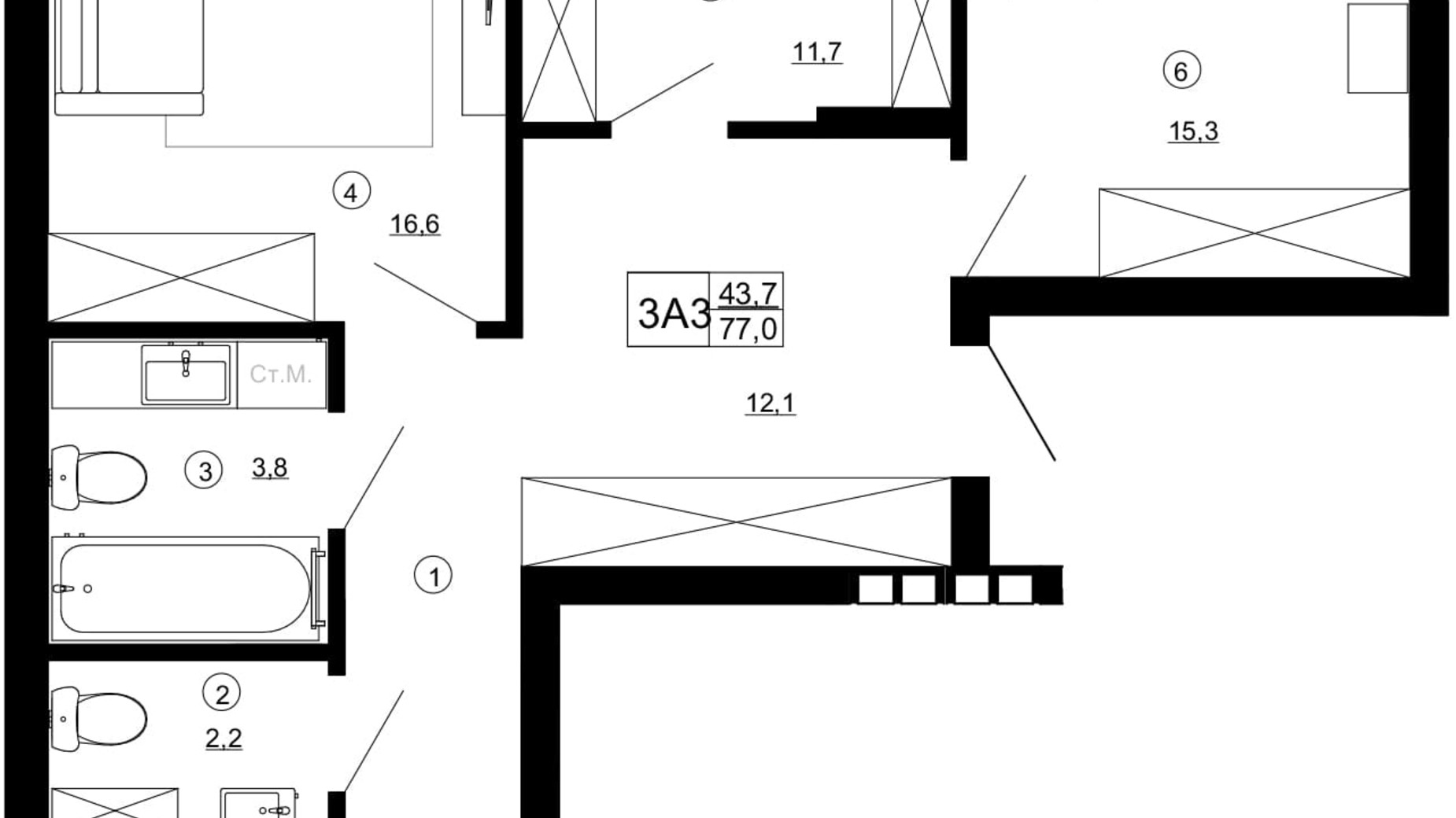 Планировка 3-комнатной квартиры в ЖК Paradise Avenue 77 м², фото 735906