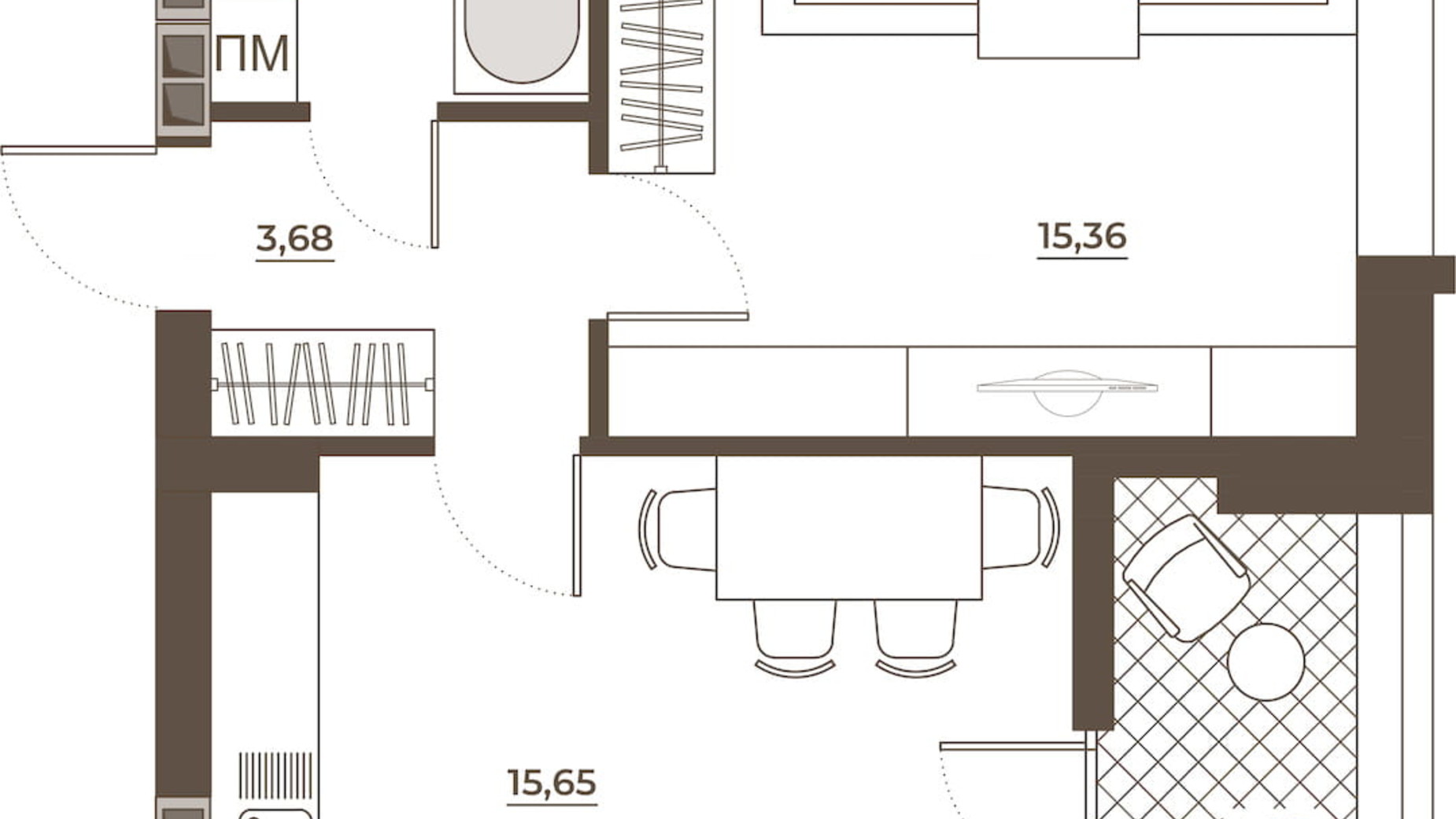 Планування 1-кімнатної квартири в ЖК Hvoya 42.99 м², фото 736474