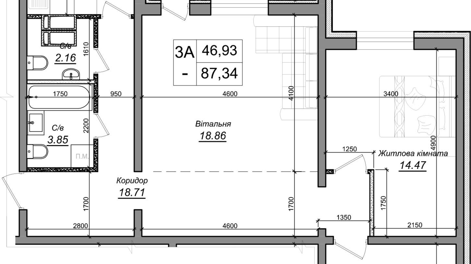 Планування 3-кімнатної квартири в ЖК на Озерній 87.34 м², фото 736904