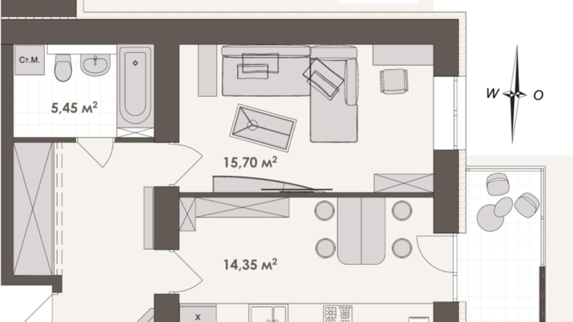 Планування 1-кімнатної квартири в ЖК Зоря 2 47.35 м², фото 737076