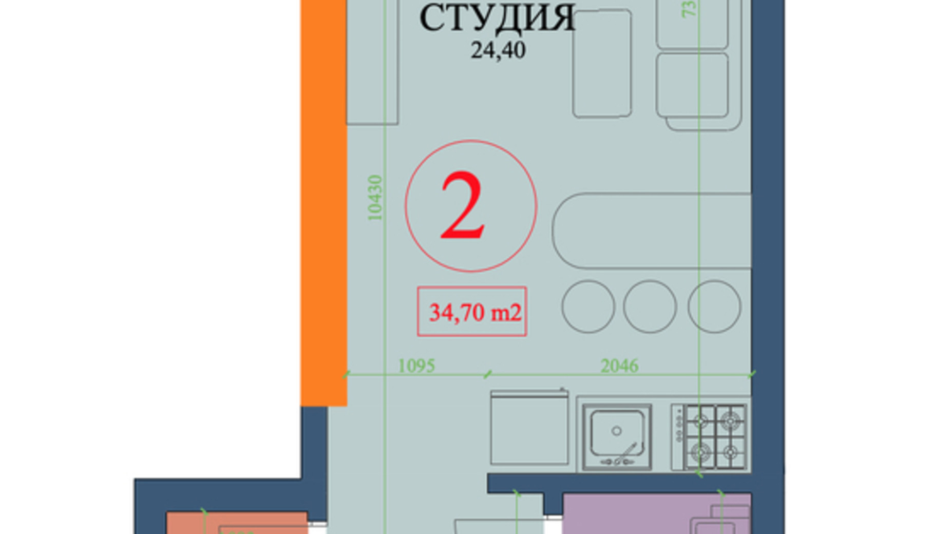 Планировка 1-комнатной квартиры в ЖК Куликовский 34.7 м², фото 737307