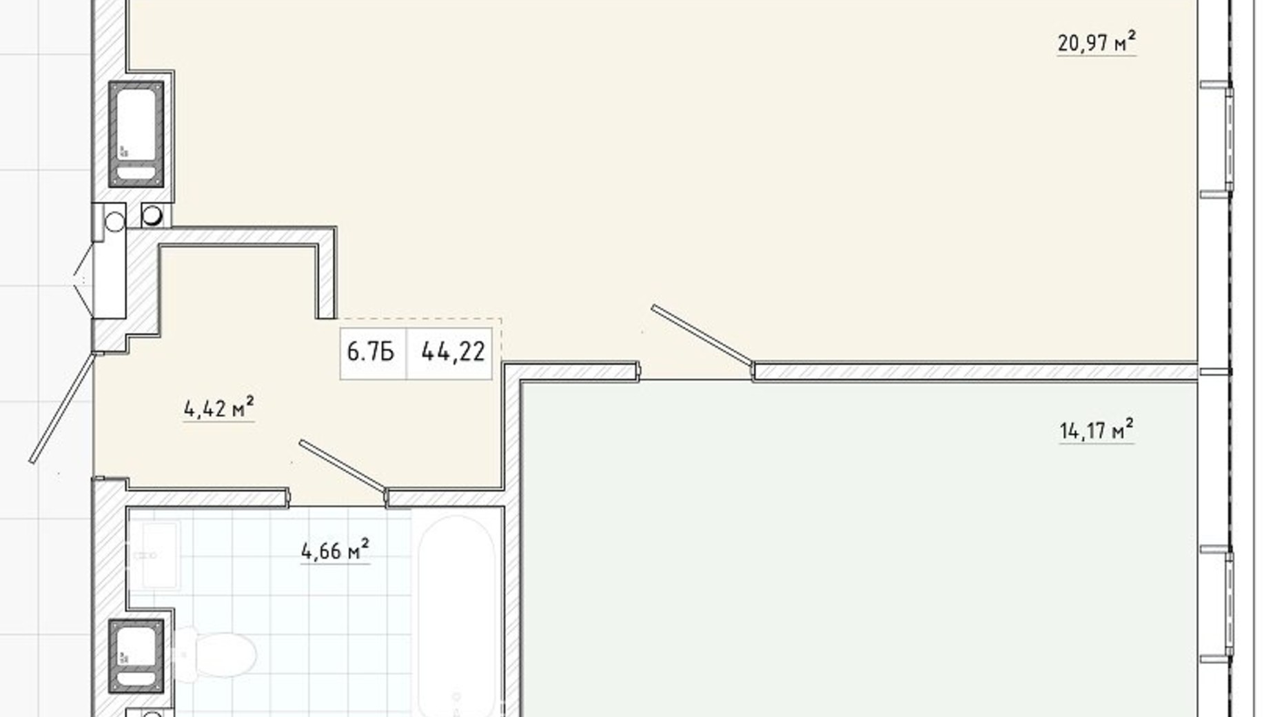 Планування 1-кімнатної квартири в Нежитло Truskavetska  44.22 м², фото 737732