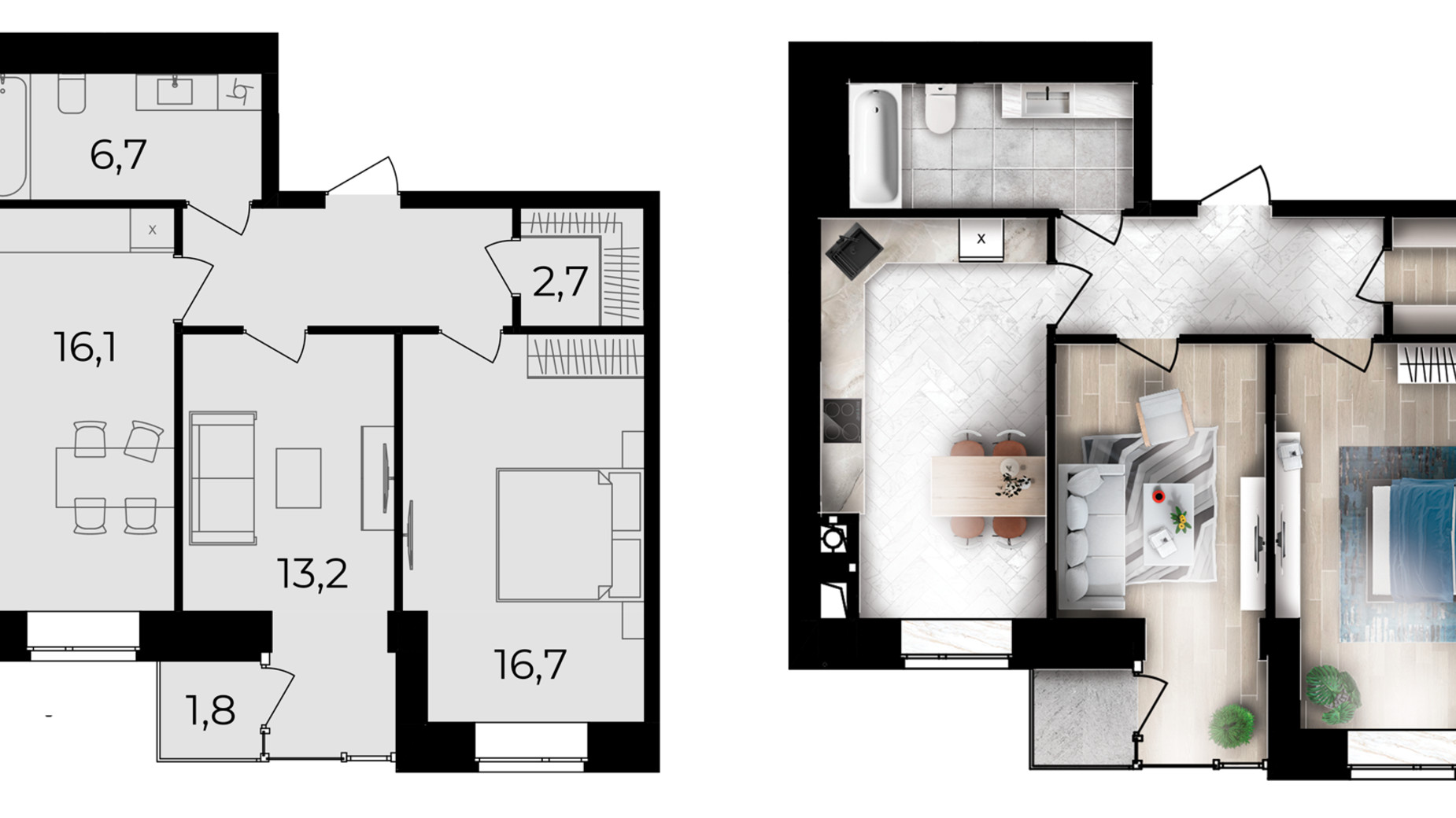 Планування 2-кімнатної квартири в ЖК Forest Home 64.2 м², фото 738136