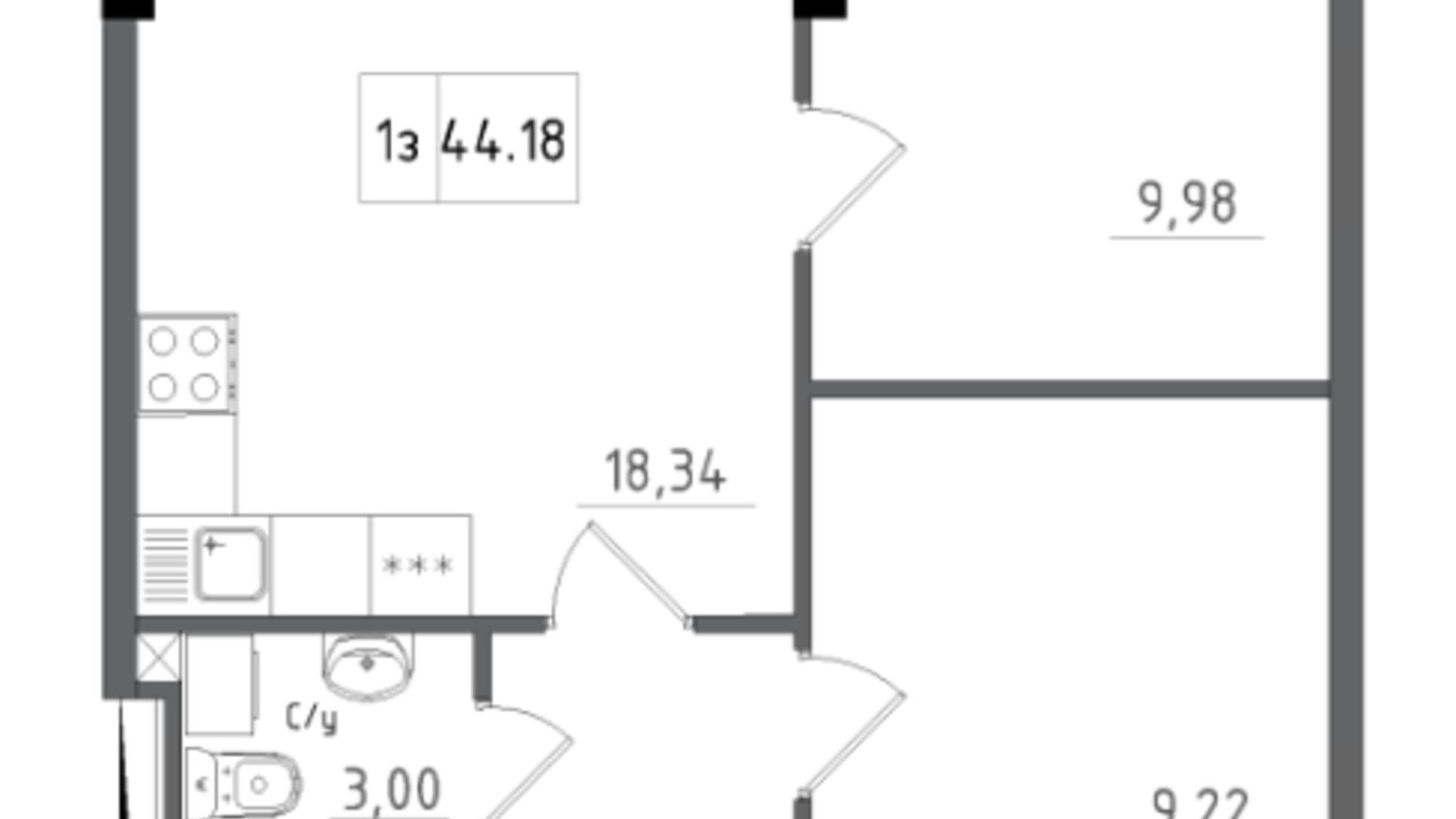 Планування 1-кімнатної квартири в ЖК Artville 44.18 м², фото 739452