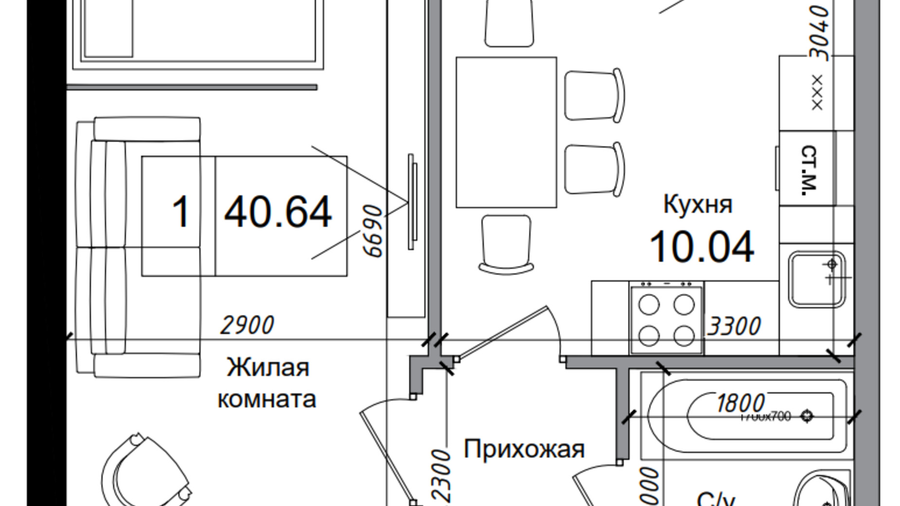 Планировка 1-комнатной квартиры в ЖК Artville 40.64 м², фото 739455