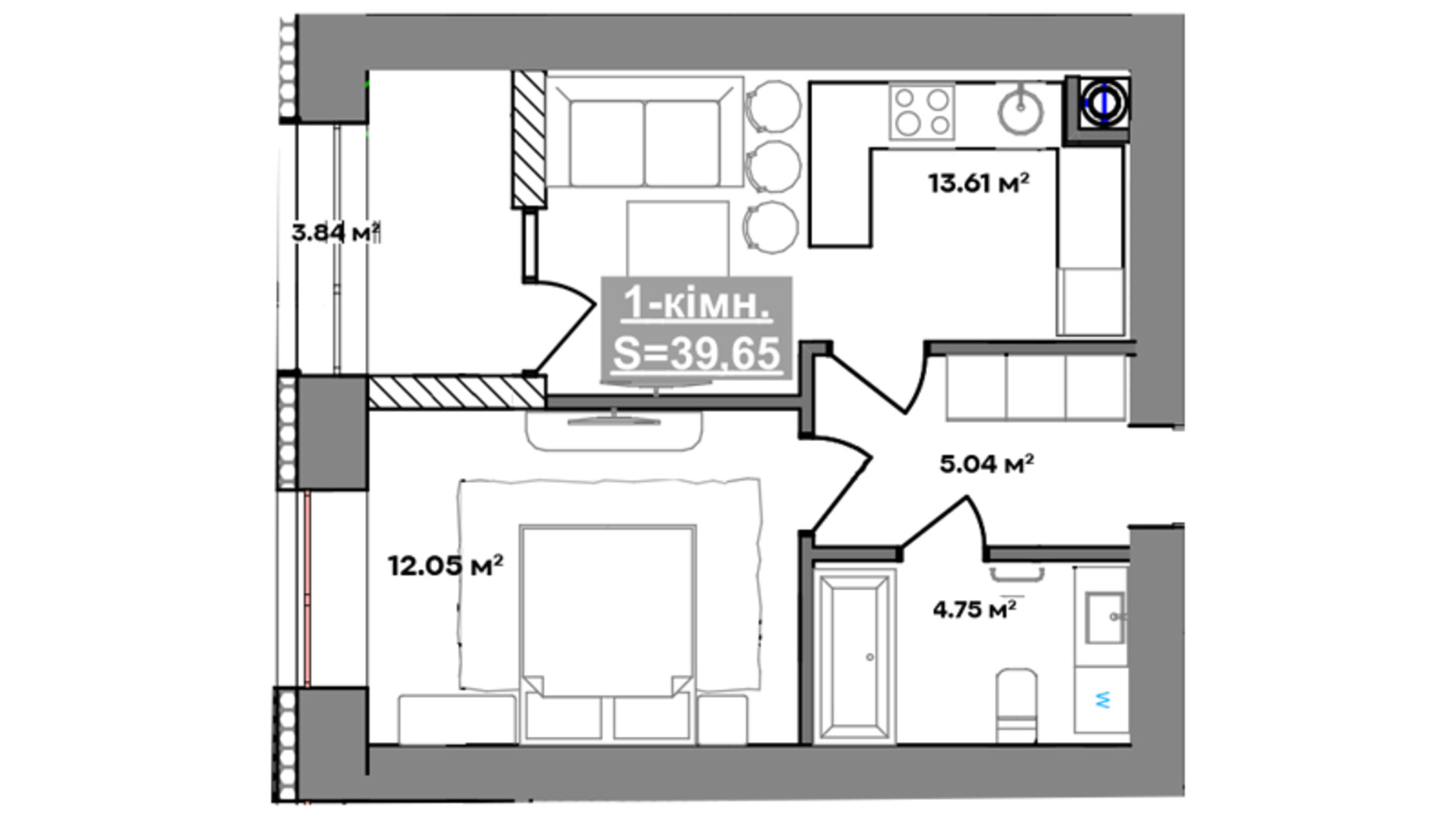 Планировка 1-комнатной квартиры в ЖК Парковый городок (7 очередь) 39.65 м², фото 740843