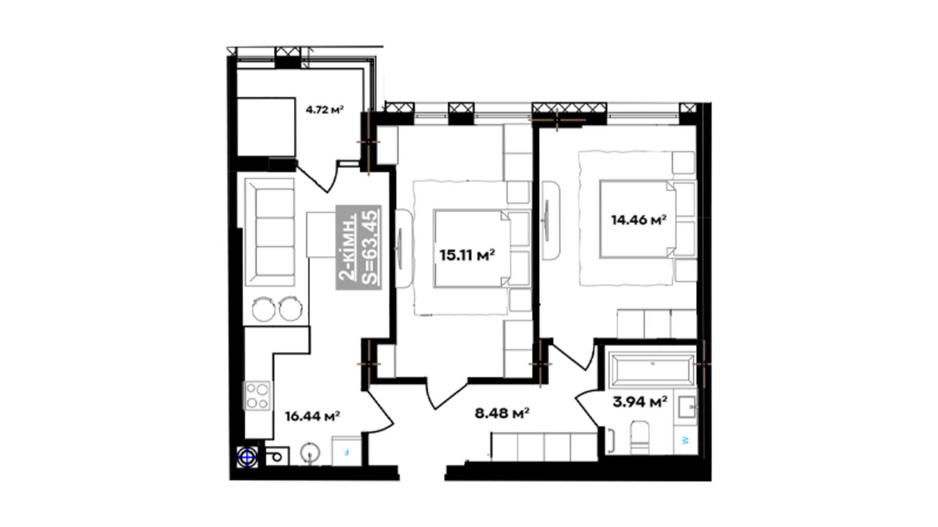 Планировка 2-комнатной квартиры в ЖК Парковый городок (7 очередь) 63.45 м², фото 740856