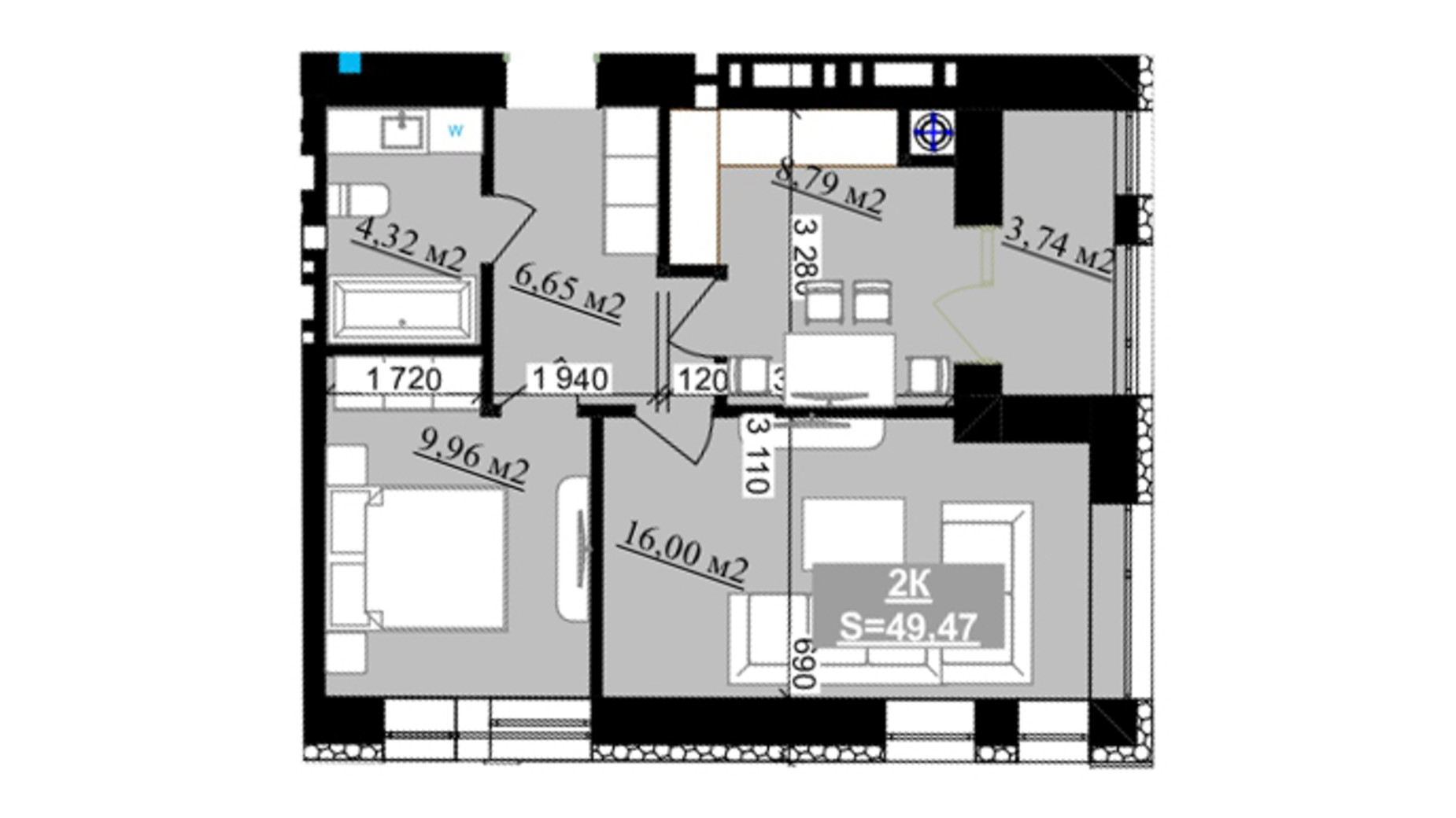 Планування 2-кімнатної квартири в ЖК Millennium (5 черга) 49.47 м², фото 740879