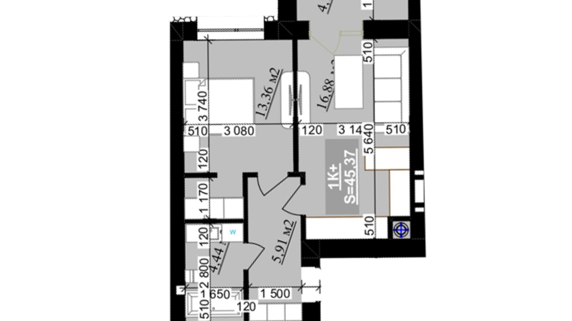 Планировка 1-комнатной квартиры в ЖК Millennium (5 очередь) 45.37 м², фото 740893