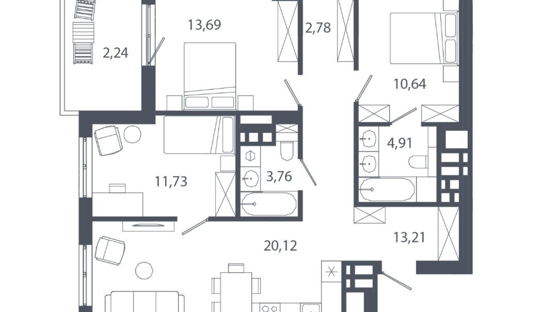 Планування 3-кімнатної квартири в ЖК Шелест 82.96 м², фото 741009