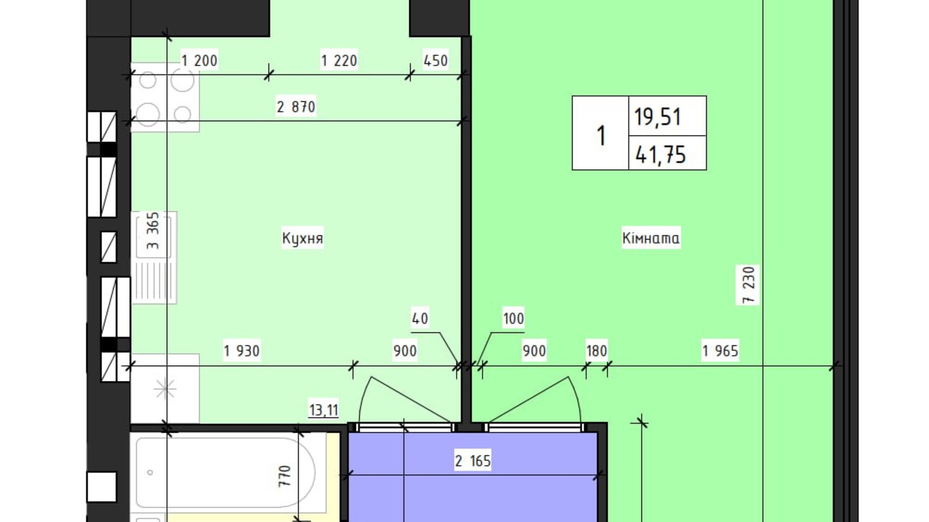 Планування 1-кімнатної квартири в ЖК Парус 41.75 м², фото 743460