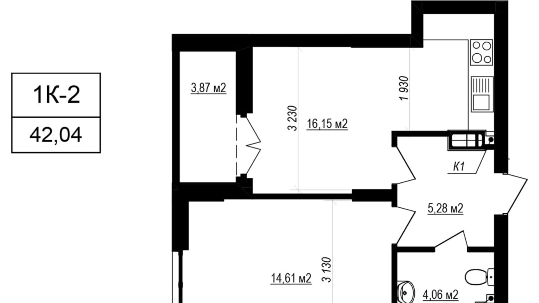 Планування 1-кімнатної квартири в ЖК Щасливий Grand 42.04 м², фото 743942