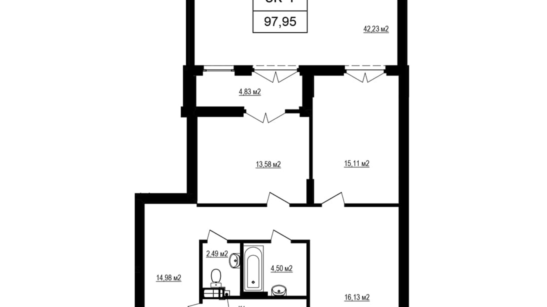 Планировка 3-комнатной квартиры в ЖК Щасливий Grand 97.95 м², фото 743947