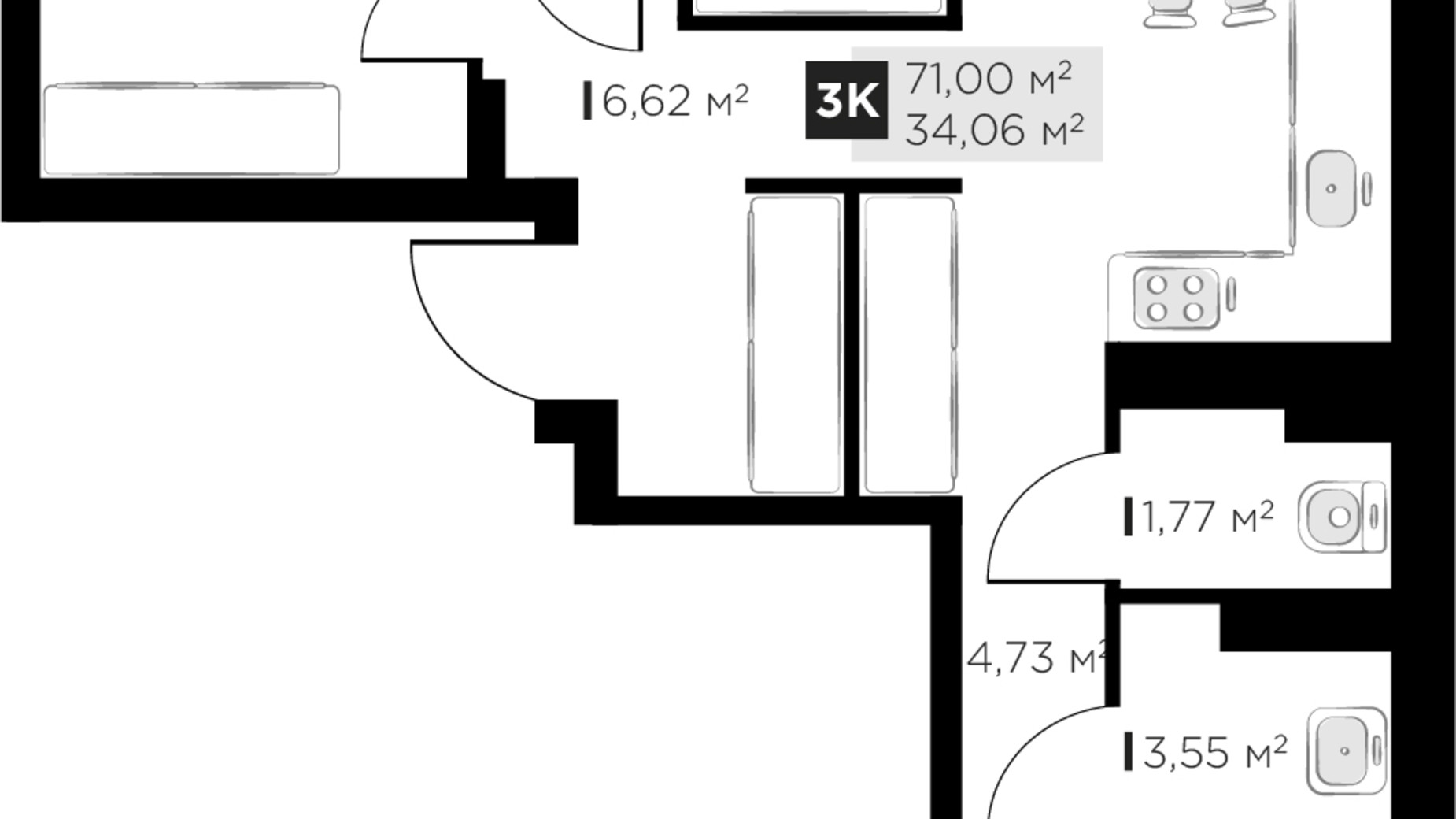 Планування 3-кімнатної квартири в ЖК PERFECT LIFE 71 м², фото 744998