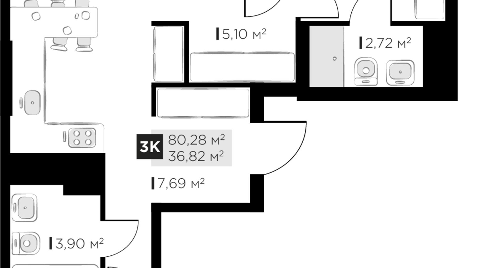 Планування 3-кімнатної квартири в ЖК PERFECT LIFE 80.28 м², фото 745002