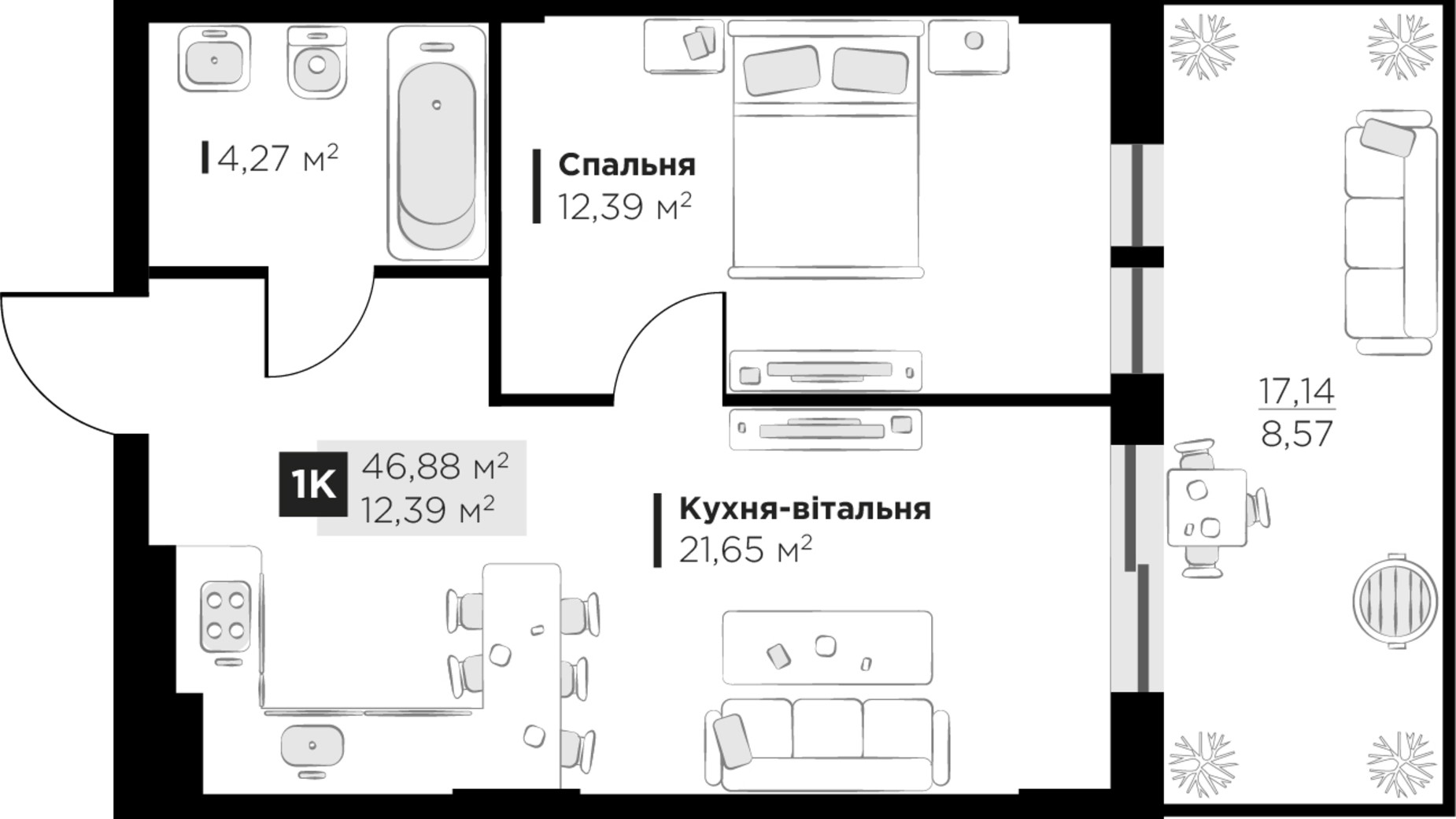 Планування 1-кімнатної квартири в ЖК PERFECT LIFE 46.88 м², фото 745019