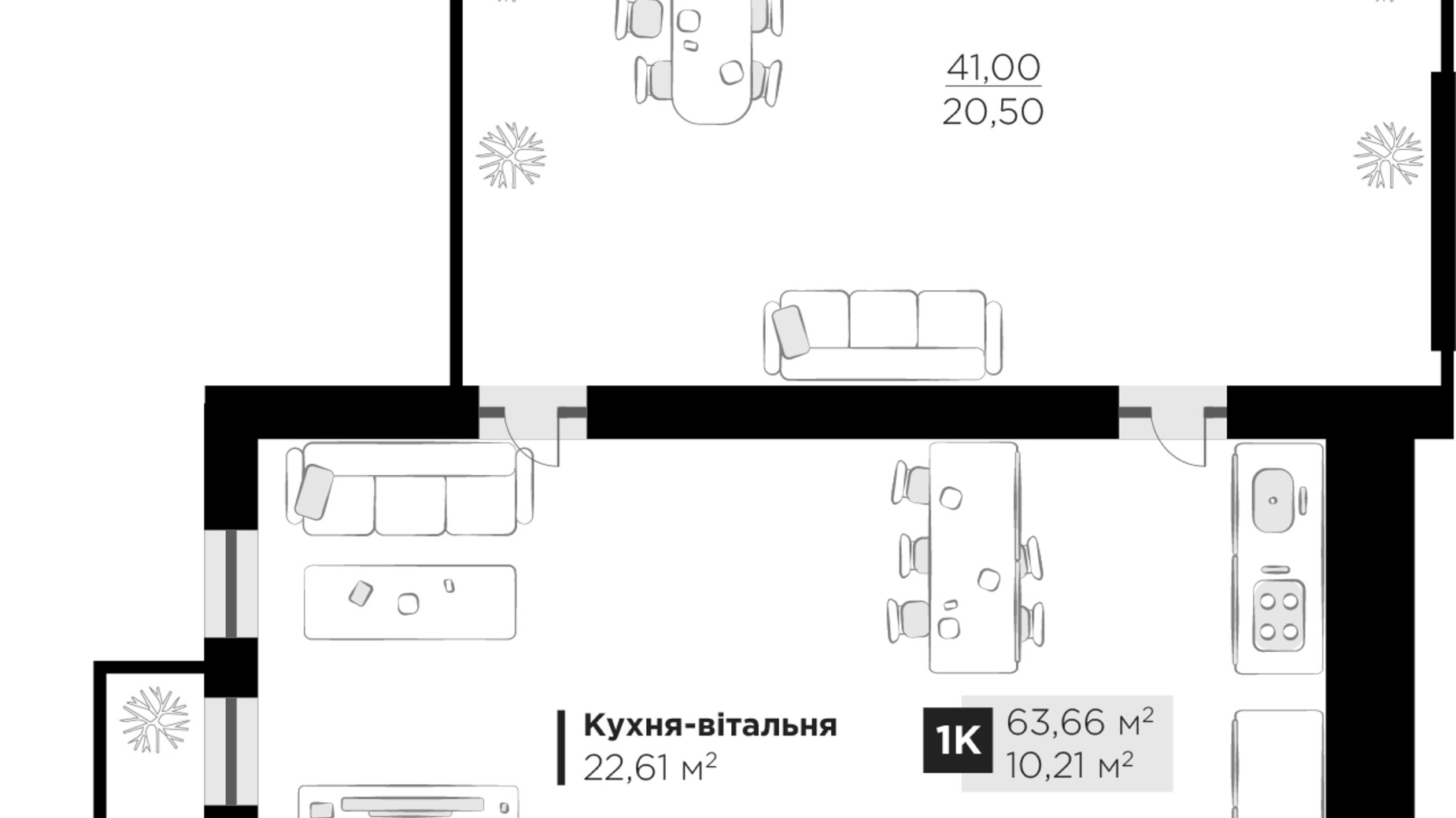 Планування 1-кімнатної квартири в ЖК PERFECT LIFE 63.66 м², фото 745033