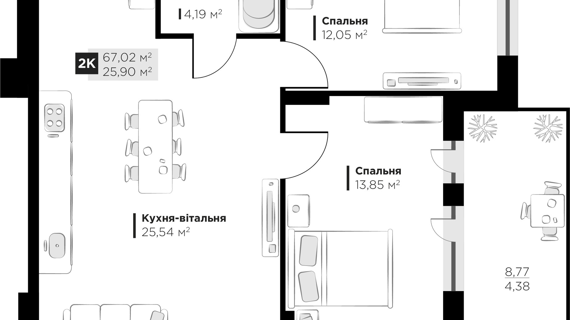 Планировка 2-комнатной квартиры в ЖК PERFECT LIFE 67.02 м², фото 745048