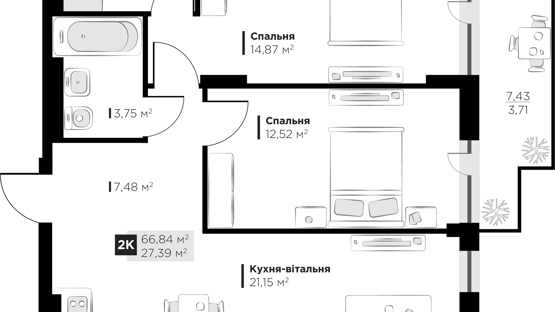 Планировка 2-комнатной квартиры в ЖК PERFECT LIFE 66.84 м², фото 745050